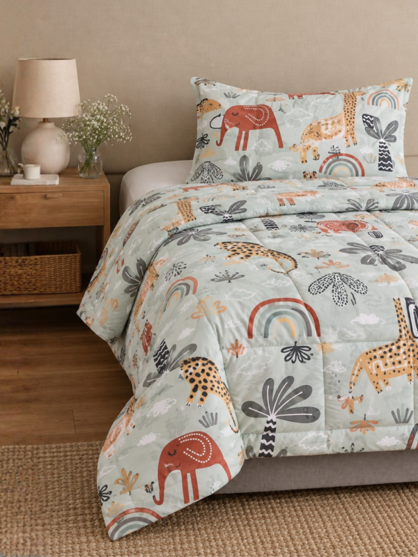 Cubrecama verde pastel con estampado de animales sobre una cama